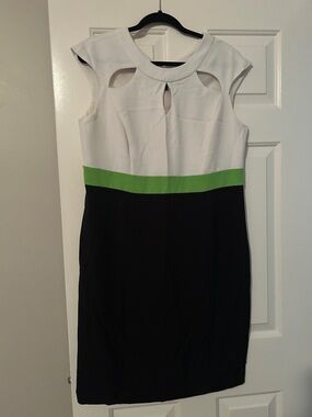 Dana Kay White, Black & Lime Green Colorblock Midi Dress